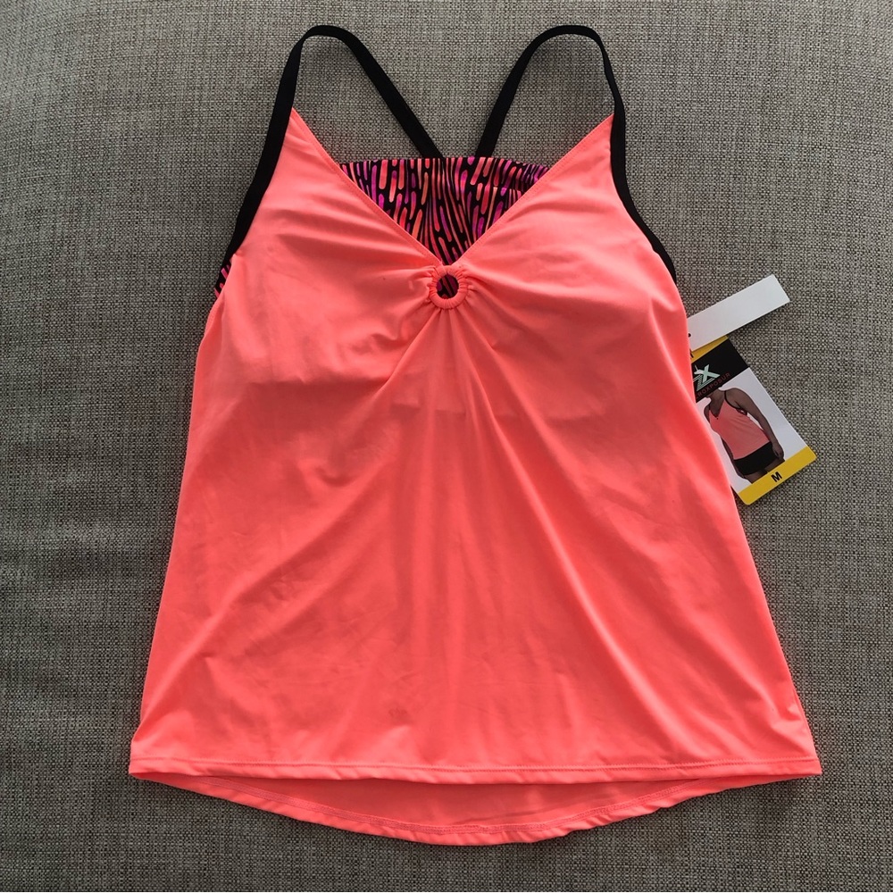 ZeroXposur Neon Coral Pink Tankini Top with Black Straps